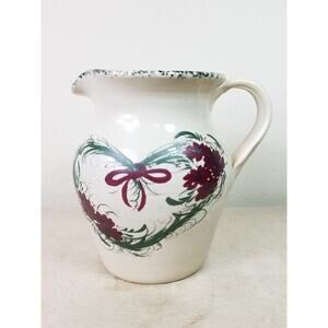 Casey Art Pottery Pitcher Heart Wreath 7" Hand Painted Made in USA Vintage